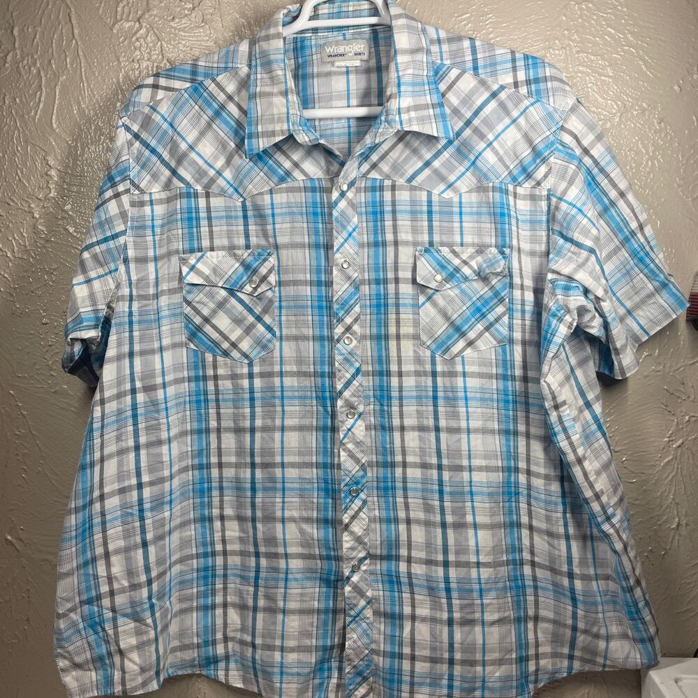 Wrangler Gray‎ Blue Short Sleeve Pearl snap Plaid Western Wrancher Shirt Mens